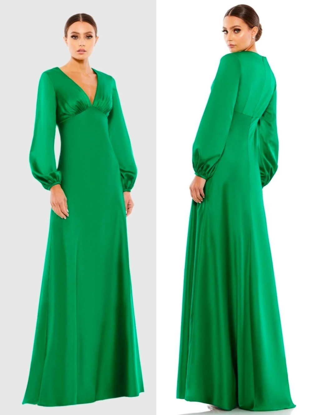 NWT Mac Duggal Green 55693 Satin Long Sleeve Fitted Maxi Gown